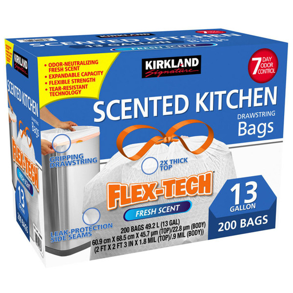 Kirkland Signature Flex-Tech Kitchen Scented Drawstring Bin Trash 200 Bags Pack