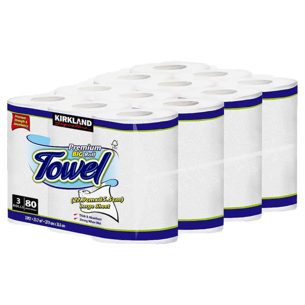 Kirkland Signature Kitchen Towel Thick Absorbent 80 Large Sheets - Pack 12 Rolls