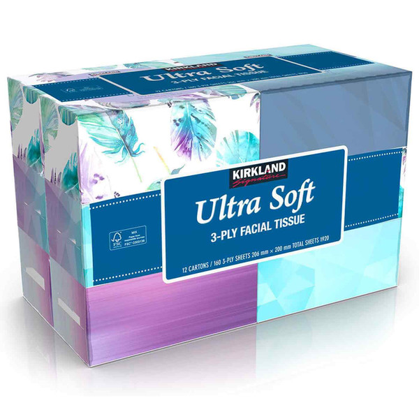Kirkland Signature Ultra Soft Facial Tissues 3-PLY Strong Premium Pack 12 Boxes