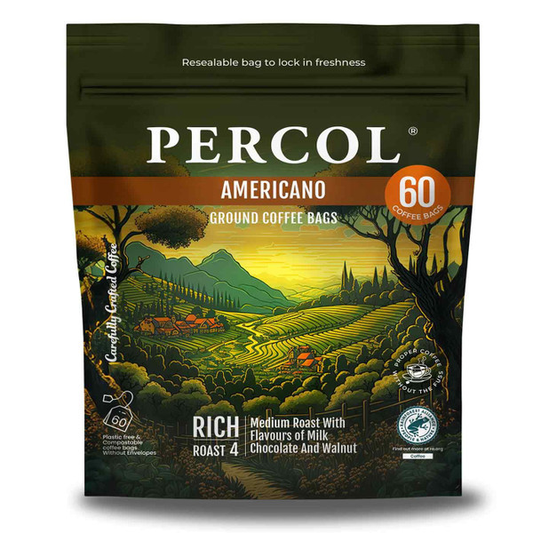 Percol Americano Medium Roast Arabica Ground Coffee Bags Ground Blend Pack 60x8g