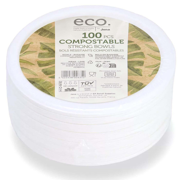 Jena Bagasse Paper Bowls 7" Eco Friendly Paper Dinner Food Bowls Pack 100 Pcs