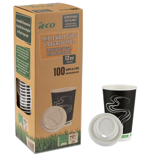 iECO Triple Wall Compostable Hot Bagasse Coffee Tea Cups + Lids Pack 100 x 340ml