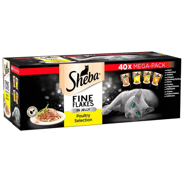 Sheba Poultry Selection Cat Food Fine Flakes in Jelly Mix Flavour Pack 40 x 85g