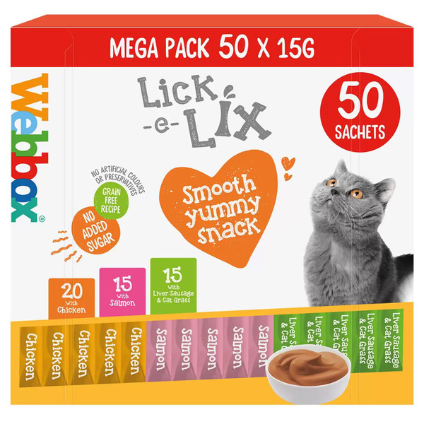 Webbox Lick-e-Lix Cat Treat Mega Mix Chicken Salmon Liver Sachets Pack 50 x 15g