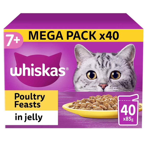 Whiskas Poultry Cat Food Feast in Jelly Pouches 7+ Mix Flavour Pack 40 x 85g