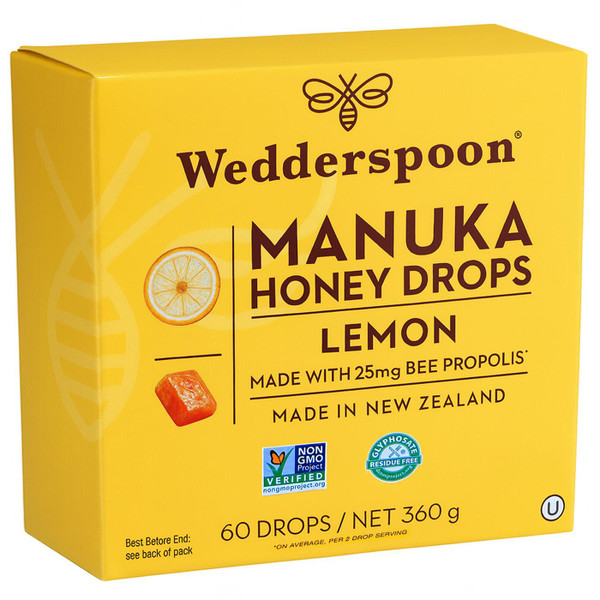 Wedderspoon Manuka Honey Lemon Drops 25mg Bee Propolis Throat Soothing 60 Pcs