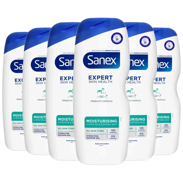 Sanex Moisture Shower Gel Hydrate Soften Skin Body Wash Vegan Bottle Pack6x570ml