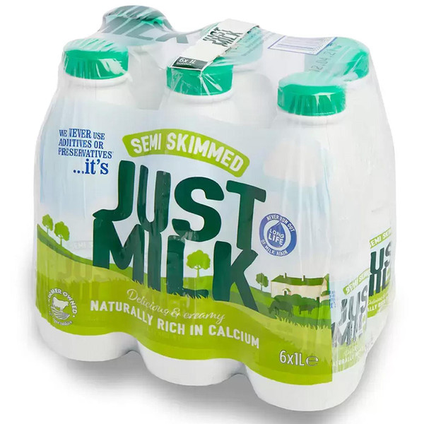 Candia Just Milk UHT Long Life Lasting Semi-Skimmed Fresh Bottles Pack 6 x 1L
