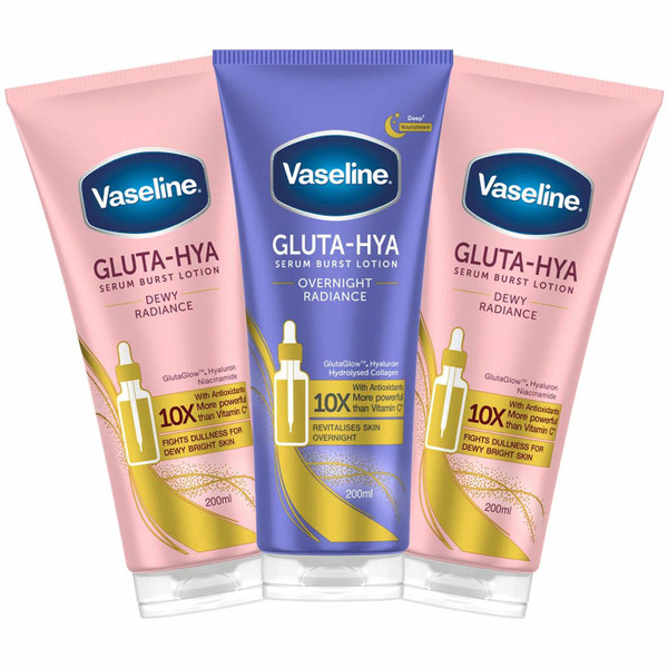 Vaseline Lotion Gluta Hya Serum Burst Skin Dewy Overnight Radiance Pack 3x 200ml