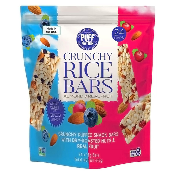 Puff Nation Crunchy Rice Bars Made with Almond & Real Fruit Snack Pack 24 x 18g