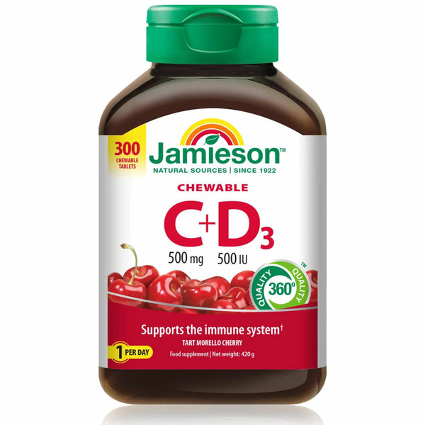 Jamieson Vitamin C+D3 500mg Immune System Support Chewable Cherry 300 Tablets
