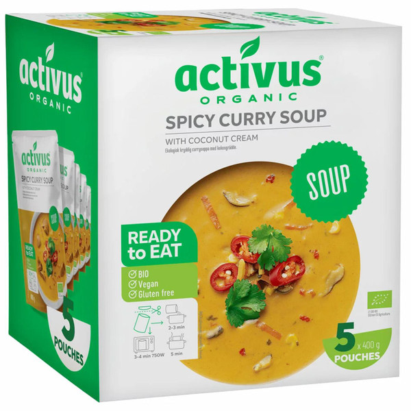 Activus Organic Spicy Curry Soup with Coconut Cream Vegan Pouches Pack 5 x 400g