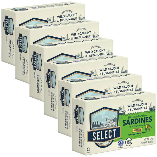 Select Skinless Boneless Sardines in Olive Oil Sustainably Season Pack 6 x 124g