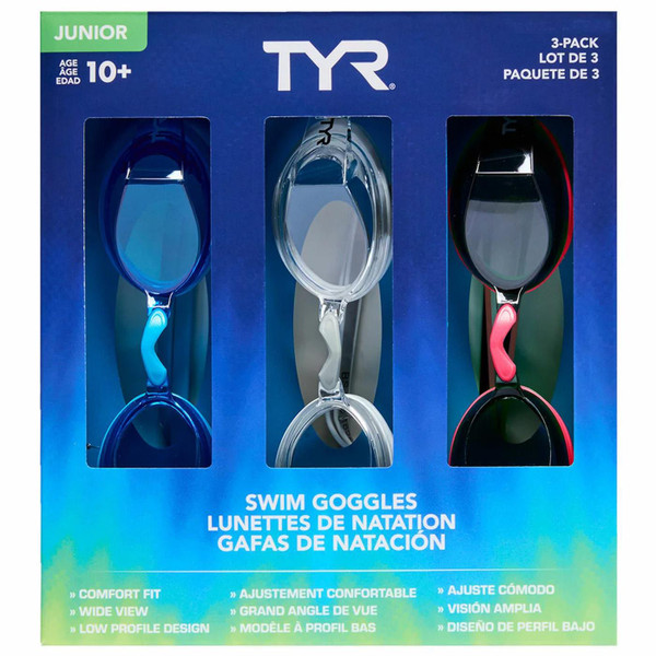 TYR Junior Swim Goggles 10+Age Anti-Fog UV Protect Swimming Adjustable 3Pcs Pack