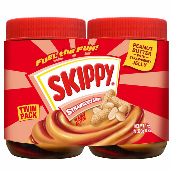 Skippy Strawberry Stripe Peanut Butter Nut Smooth Spread Jelly Twin Pack 2x500g
