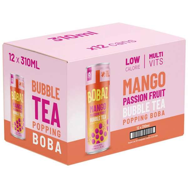 Bobaz Bubble Tea Mango &Passionfruit Juice Popping Boba Multi Vits Pack 12x310ml