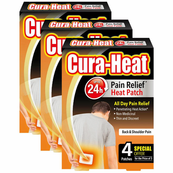 Cura-Heat Pain Relief Patch Pads Back Muscle Strain Stiffness Pack 3 x 4 Patches