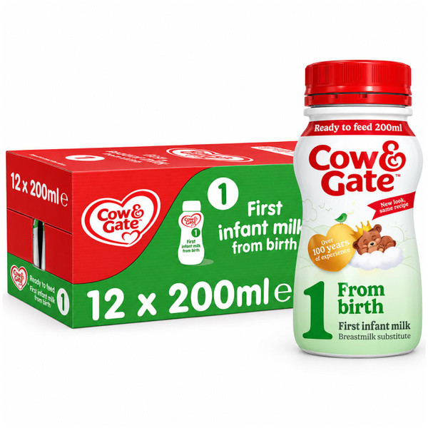 Cow & Gate First Infant Milk Stage 1 Ready Baby Formula Substitute Pack 12x200ml