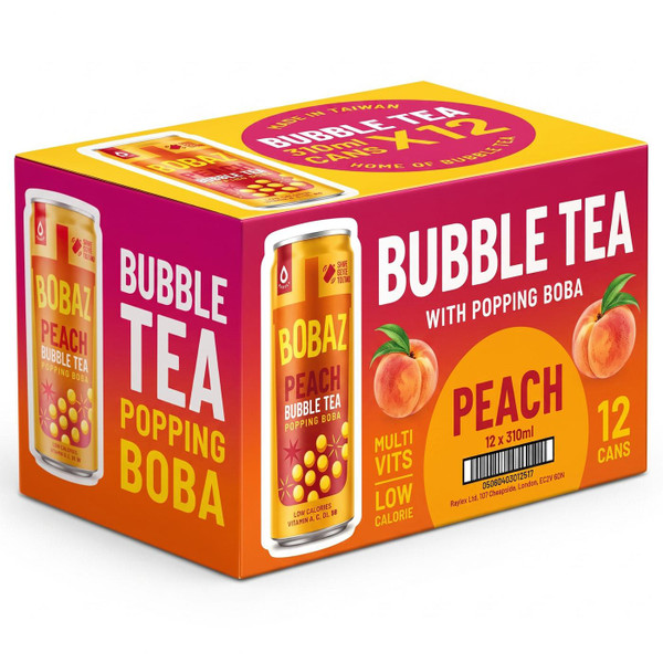 Bobaz Bubble Tea Peach With Juice Popping Boba Multi Vits Low Cal Pack 12x310ml
