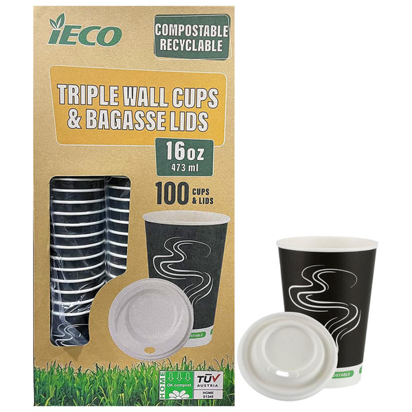 iECO Triple Wall Compostable Hot Bagasse Coffee Tea Cups + Lids Pack 100 x 473ml