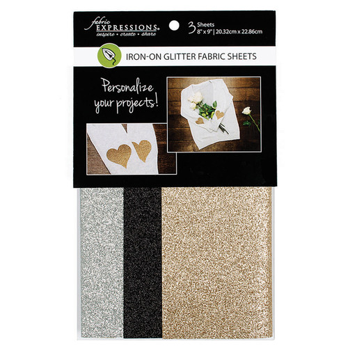 IRON-ON GLITTER FABRIC SHEET BASIC 8"x9" PK OF 3 EA