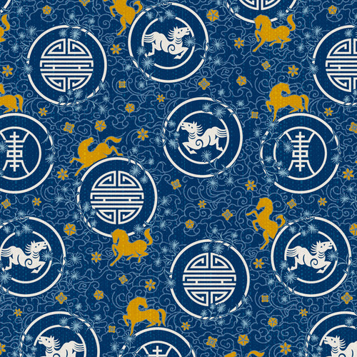 YEAR OF THE HORSE 191P 26738 WHITE ON BLUE SATEEN 118"