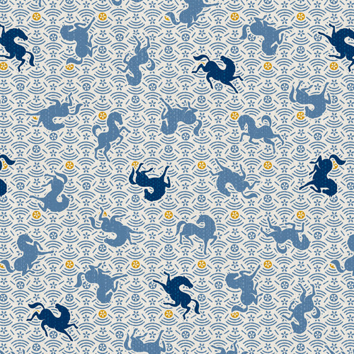 YEAR OF THE HORSE 350 26743 BLUE ON WHITE DBL GAUZE 50"