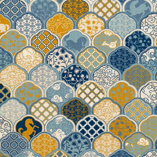 YEAR OF THE HORSE 360 26740 BLUE/GOLD ORG COT CANVAS 58"