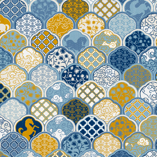 YEAR OF THE HORSE 370 26740 BLUE/GOLD SATEEN 60"