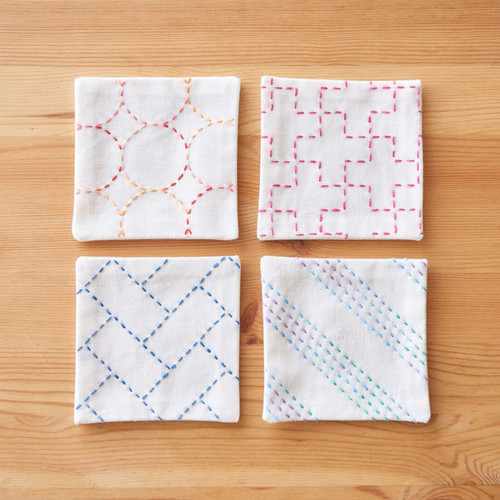 PRT CLOTH COASTER 3.9"sq WHITE 4ct (SASHIKO)