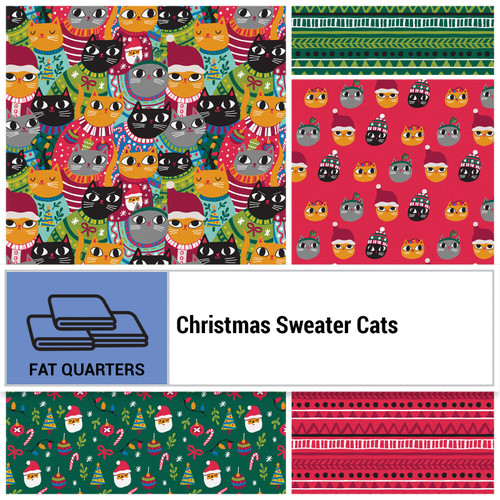 FAT QTR CHRISTMAS SWEATER CATS (5) PK OF 5 EA