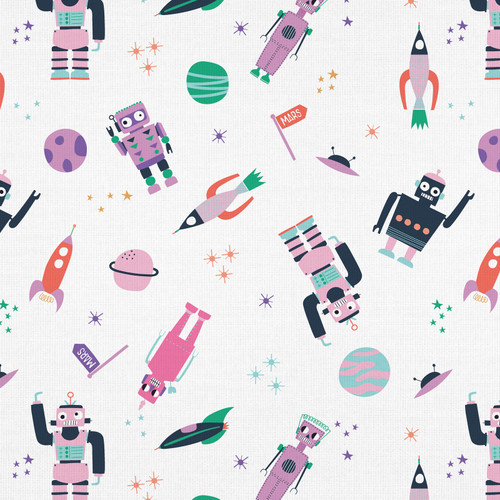 ROBOTS IN ORBIT 350 23785 WHITE/PURPLE DBL GAUZE 50"