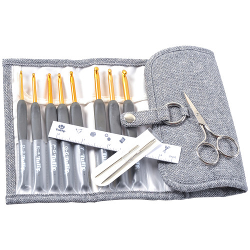 ETIMO CROCHET SET ALUM 13pc (GREY TWEED CASE)