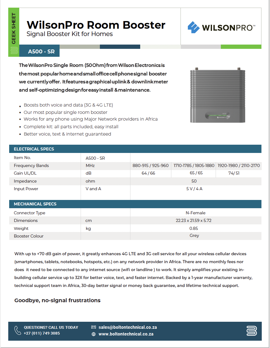 WilsonPro Single Room Signal Booster specifications