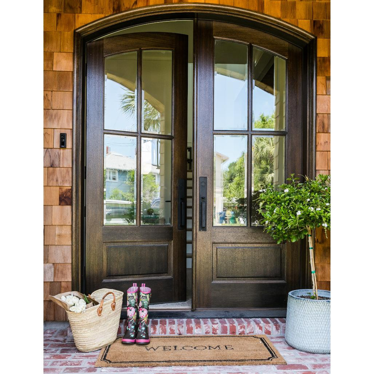 Oval Glass Doors with Arched Transom Window