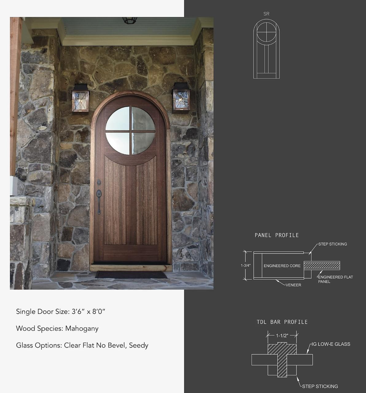 Tupelo 3’6” x 8’0” 4 Lite HalfRound Mahogany Entry Door