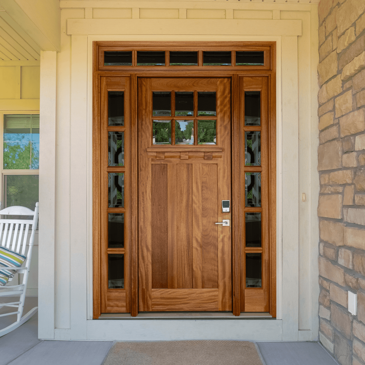 Mahogany Craftsman 6 Lite Entry Door with 5 Lite Sidelights and
