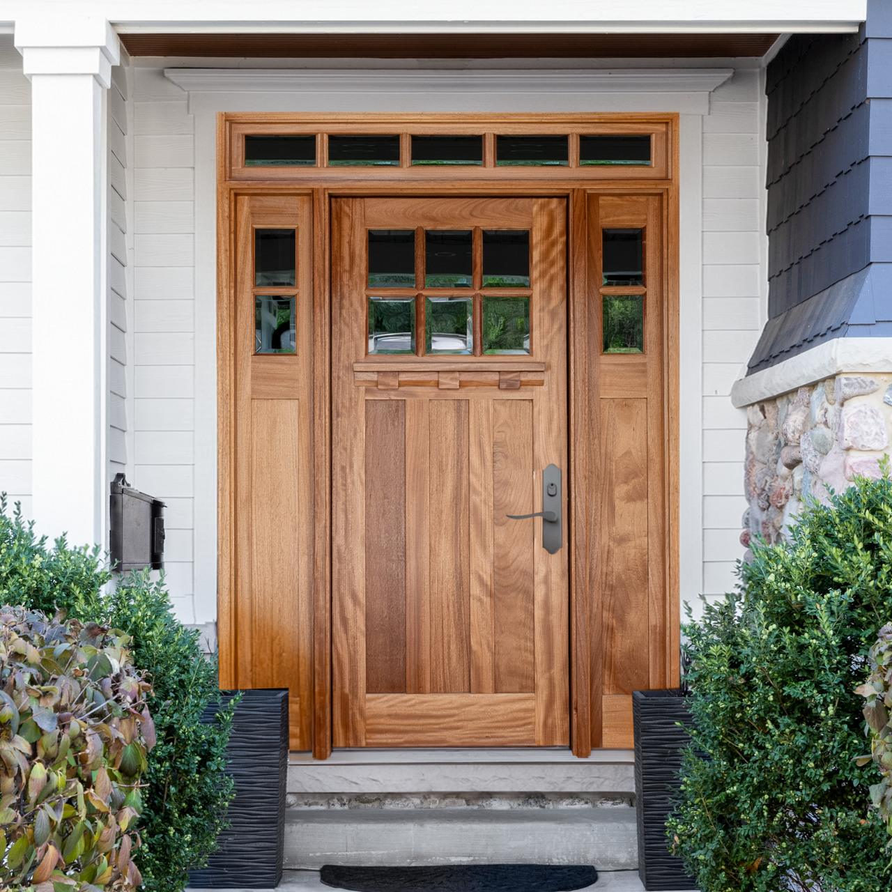 Mahogany 6 Lite Craftsman Single Door with Sidelights and Transom