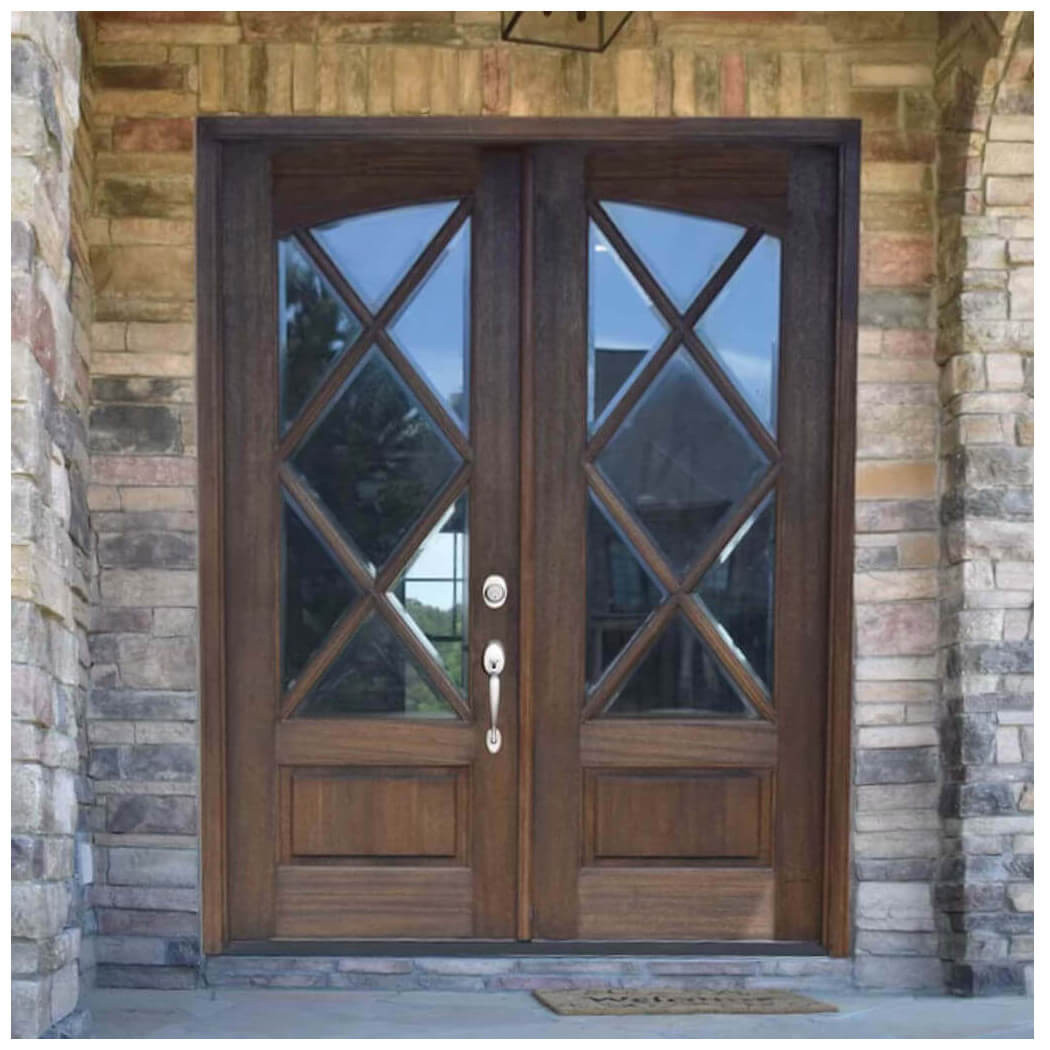 Mahogany 7 Lite Diamond Square Top Double Front Door with Arched