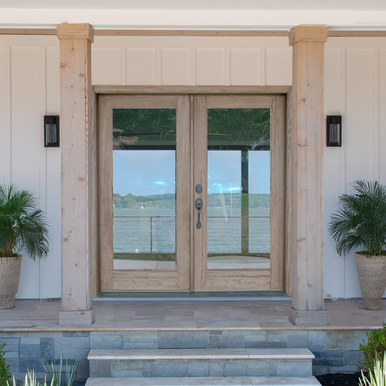 Mahogany 1 Lite Full View French Double Door Clear Glass | Grand