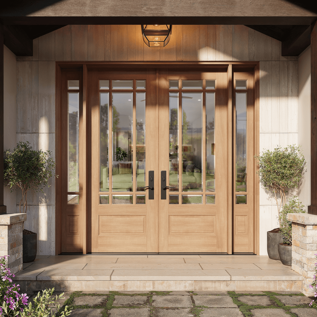 Mahogany 9 Lite Prairie Style Double Front Entry Door with