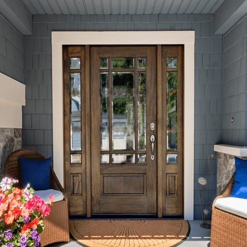 Prairie Style Mahogany 9 Lite Front Entry Door with Sidelights
