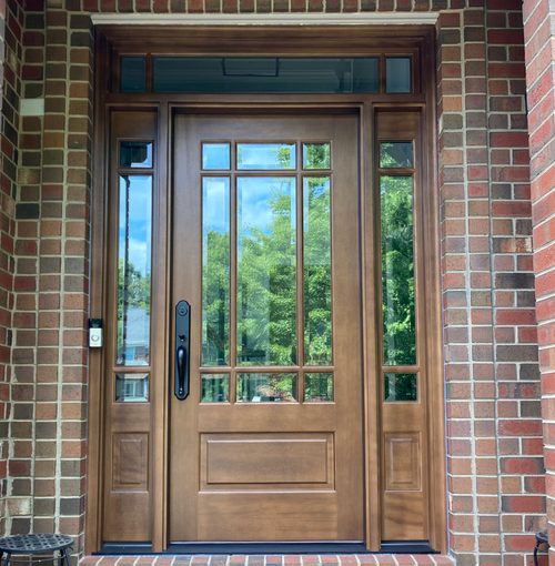 Prairie Style Mahogany 9 Lite Front Entry Door with Sidelights and