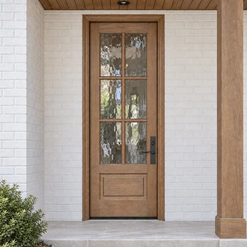 Andalucia 36 x 96 mahogany front entry door with 6-lite Flemish textured privacy glass and rich natural wood grain finish