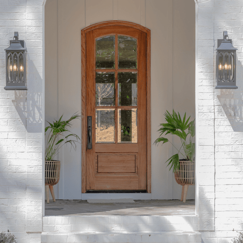 Mahogany 6 Lite arch top single front entry door featuring clear bevel glass for timeless elegance, natural light, and refined craftsmanship. Available at GrandEntryDoors.com.