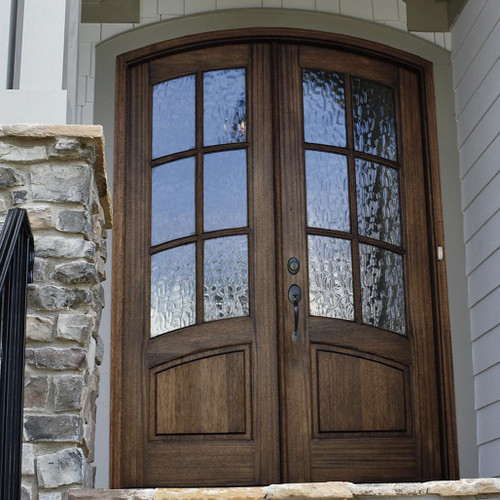 Mahogany 6 Lite arch top double front entry door featuring Flemish glass for privacy, texture, and timeless architectural elegance. Available at GrandEntryDoors.com.