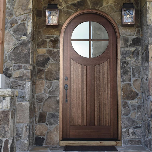 Grand Entry Doors Tupelo 42" x 96" 4 Lite Half-Round Mahogany Entry Door | Wood Type: African Mahogany, Glass (as pictured): Clear Non-Bevel, also available with Seedy | Pictured Finished / Stained. All wooden front doors are priced and delivered as unfinished / not stained pre-hung units. No finish options available for shipped units.