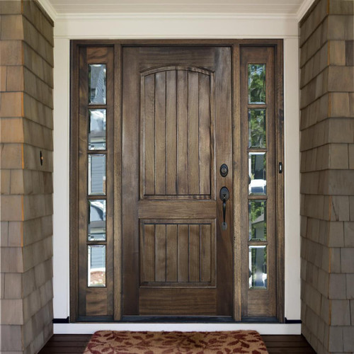 Arched two panel African Mahogany entry door with vertical V groove panel and clear bevel sidelights. Available at Grandentrydoors.com.