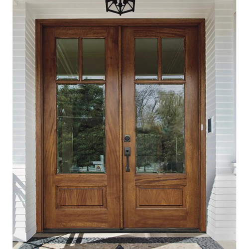 Elegant 3 Lite mahogany double entry door with clear bevel glass that enhances natural light and curb appeal. Available at GrandEntryDoors.com. Elegant 3 Lite mahogany double entry door with clear bevel glass that enhances natural light and curb appeal. Available at GrandEntryDoors.com.