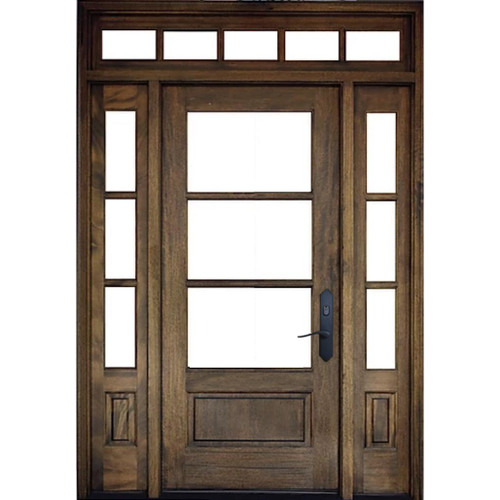 Contemporary 3 Lite mahogany entry door with sidelights and transom featuring Low-E glass that fills the entryway with natural light. Available at GrandEntryDoors.com.